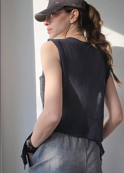 Black cotton mesh sweater