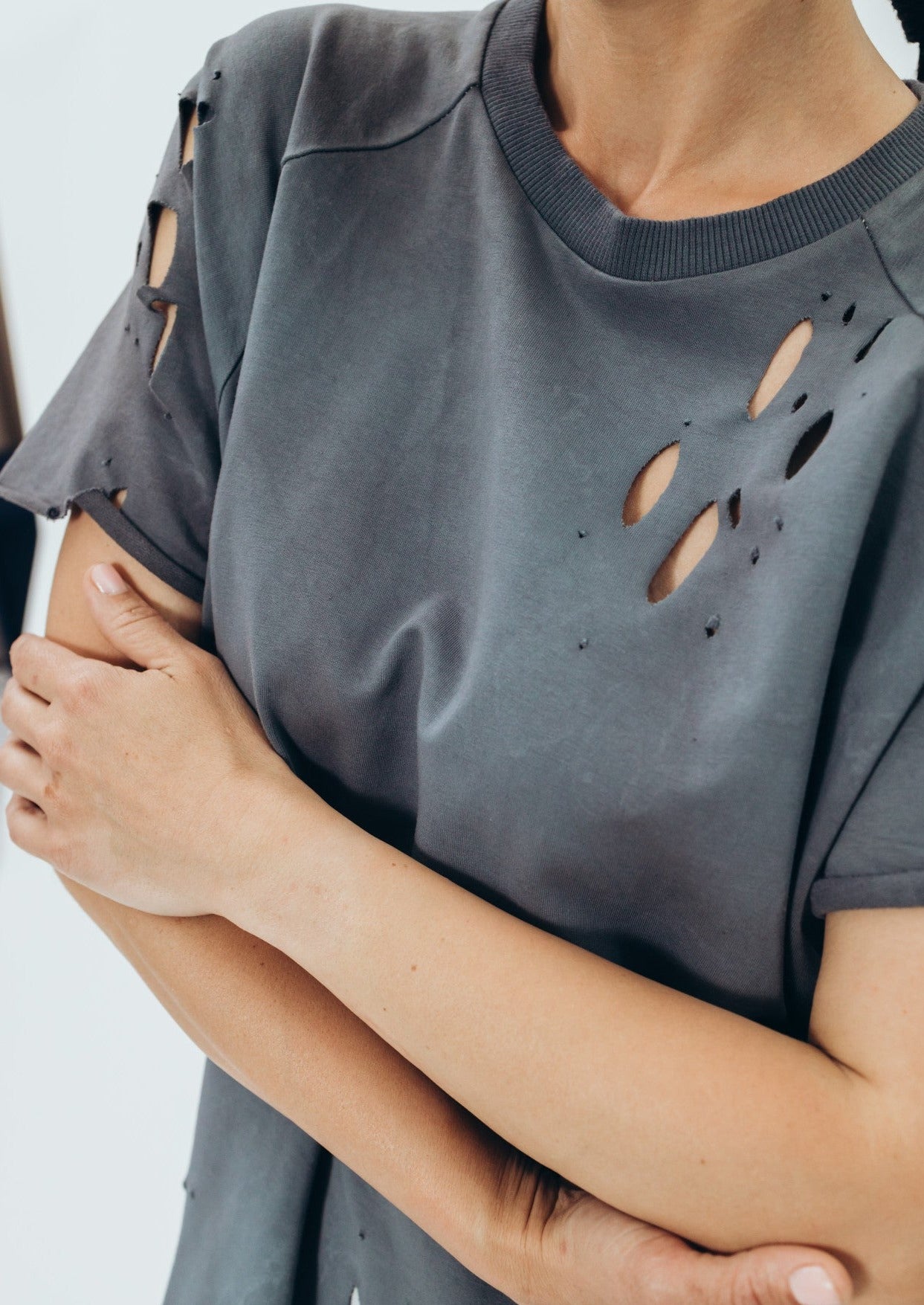 Hand-dyed graphite T-shirt with perforations