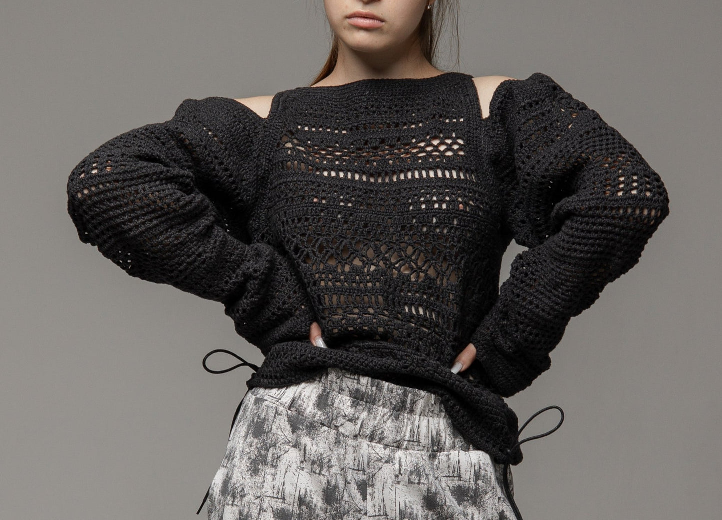 Craft graphite openwork off-the-shoulder sweater
