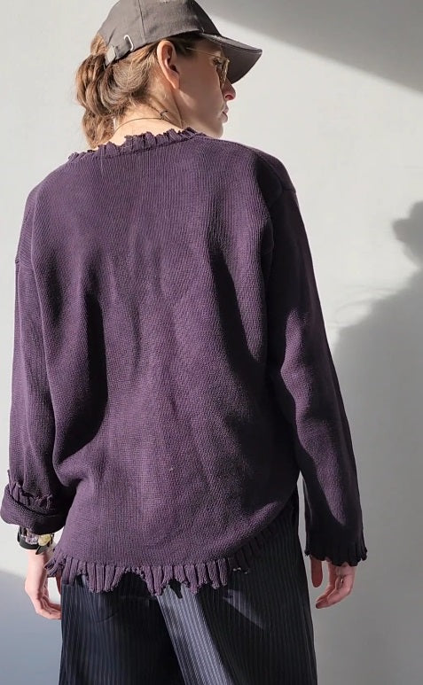 Reworked black cotton sweater with denim sleeves