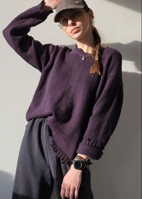 Reworked black cotton sweater with denim sleeves