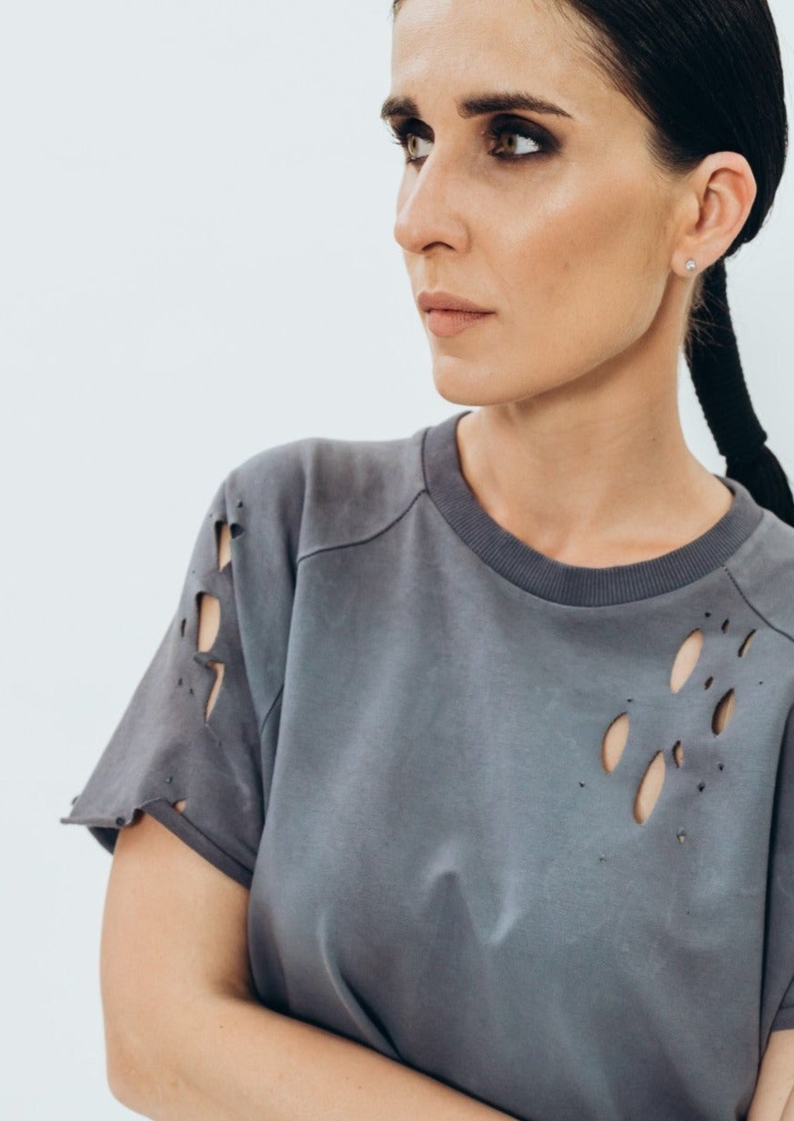 Hand-dyed graphite T-shirt with perforations