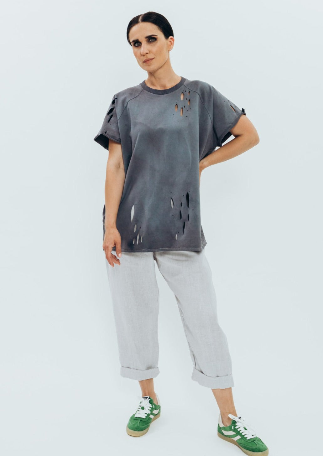 Hand-dyed graphite T-shirt with perforations