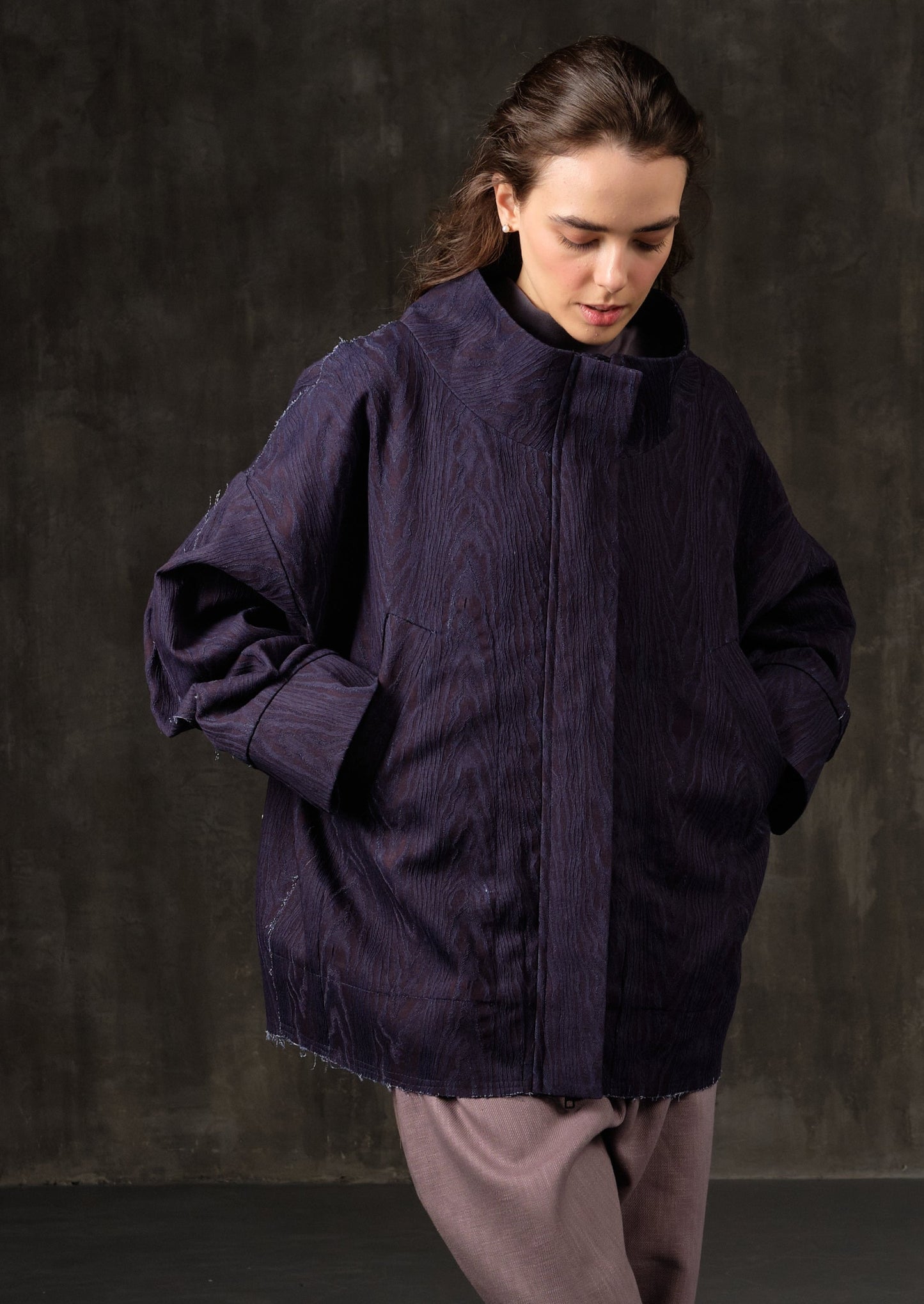 Bomber denim purple texture bark decoration on the back