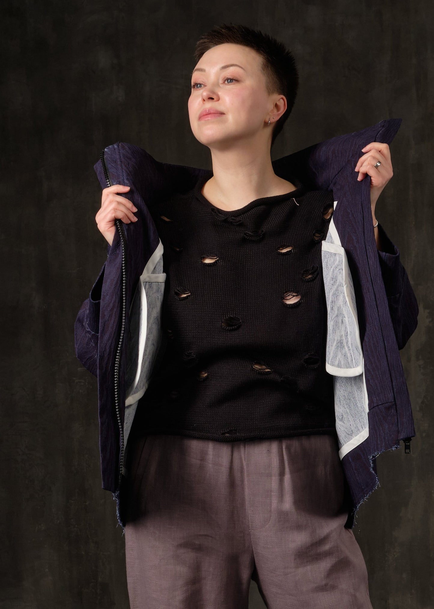 Bomber denim purple texture bark decoration on the back
