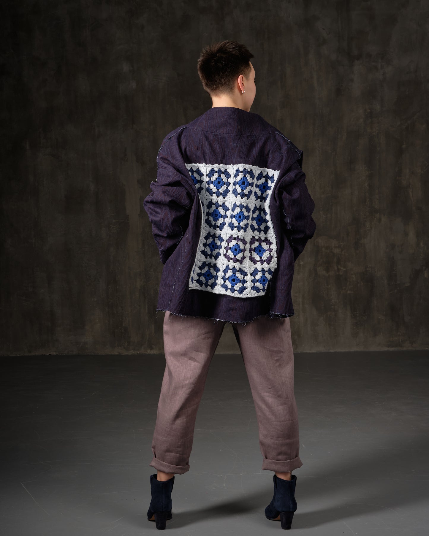Bomber denim purple texture bark decoration on the back