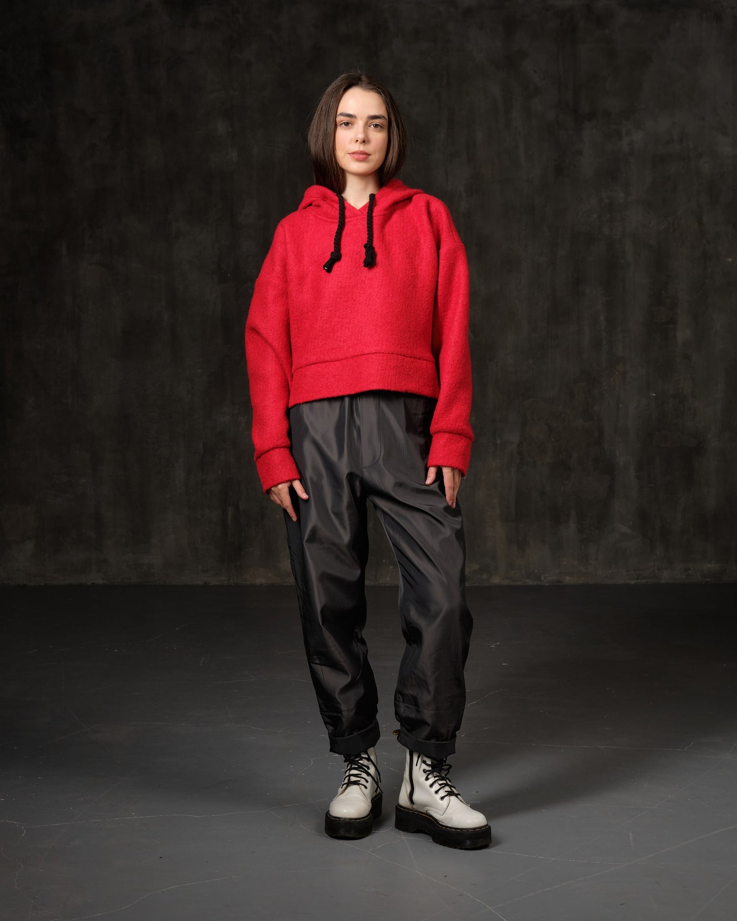 Gray metallic raincoat pants on a cotton lining