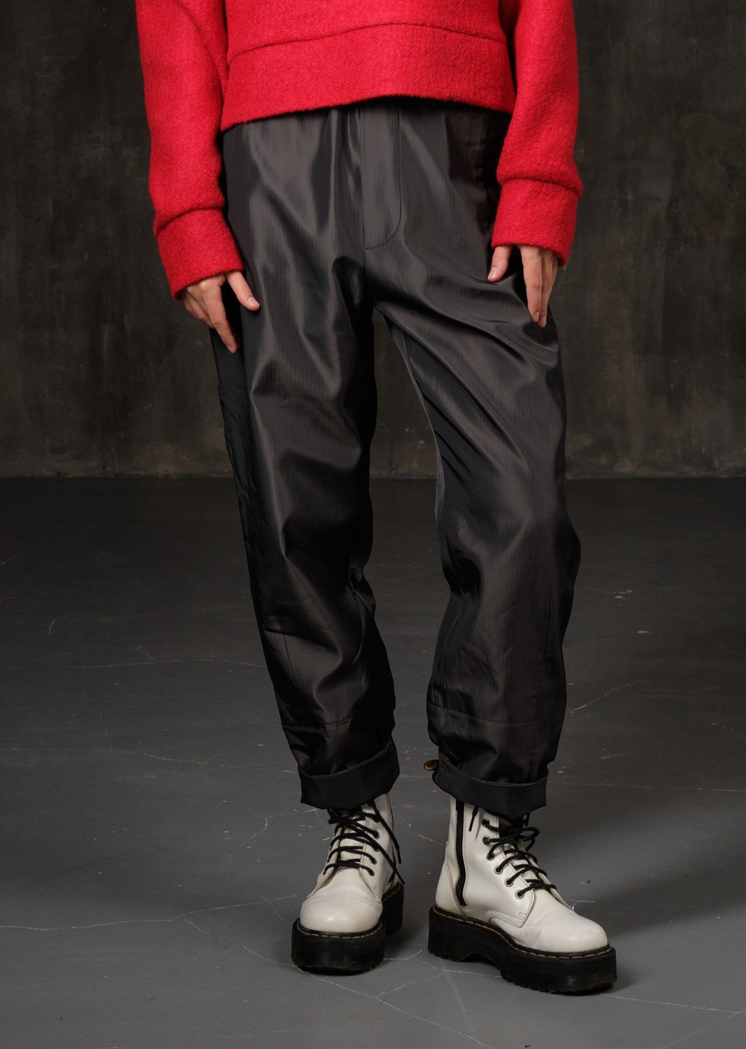 Gray metallic raincoat pants on a cotton lining