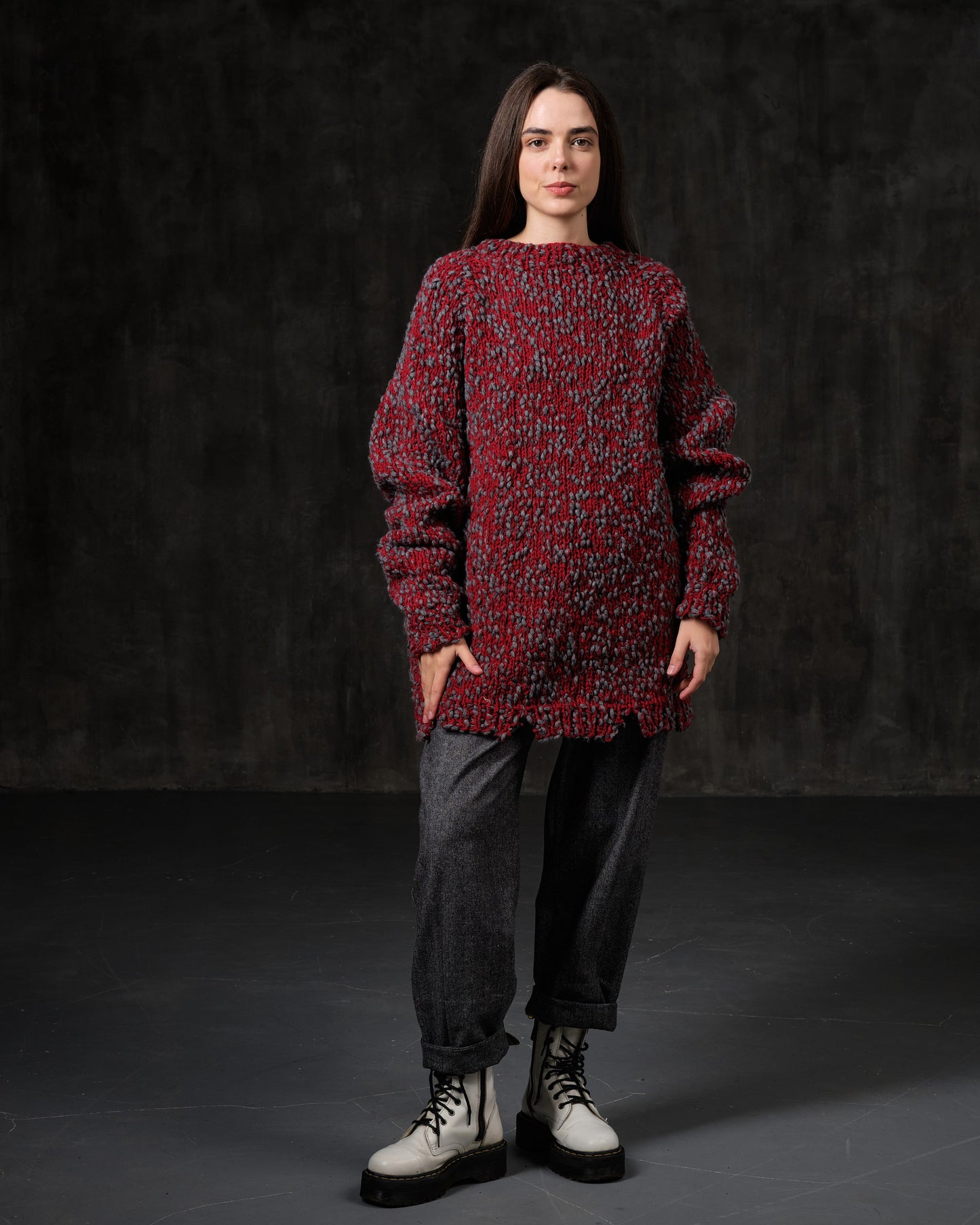 Sweater Retro long woolen red bouclé