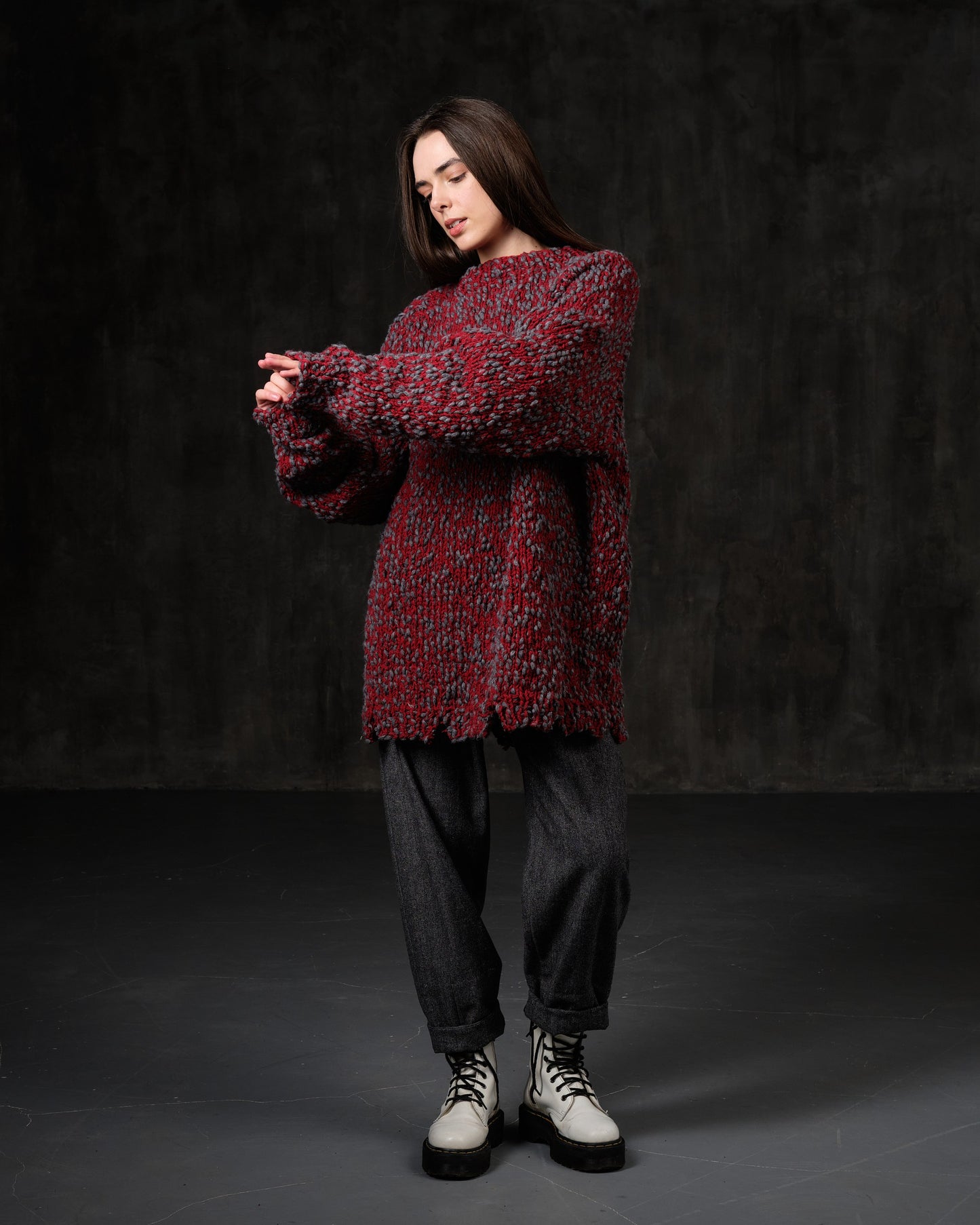 Sweater Retro long woolen red bouclé