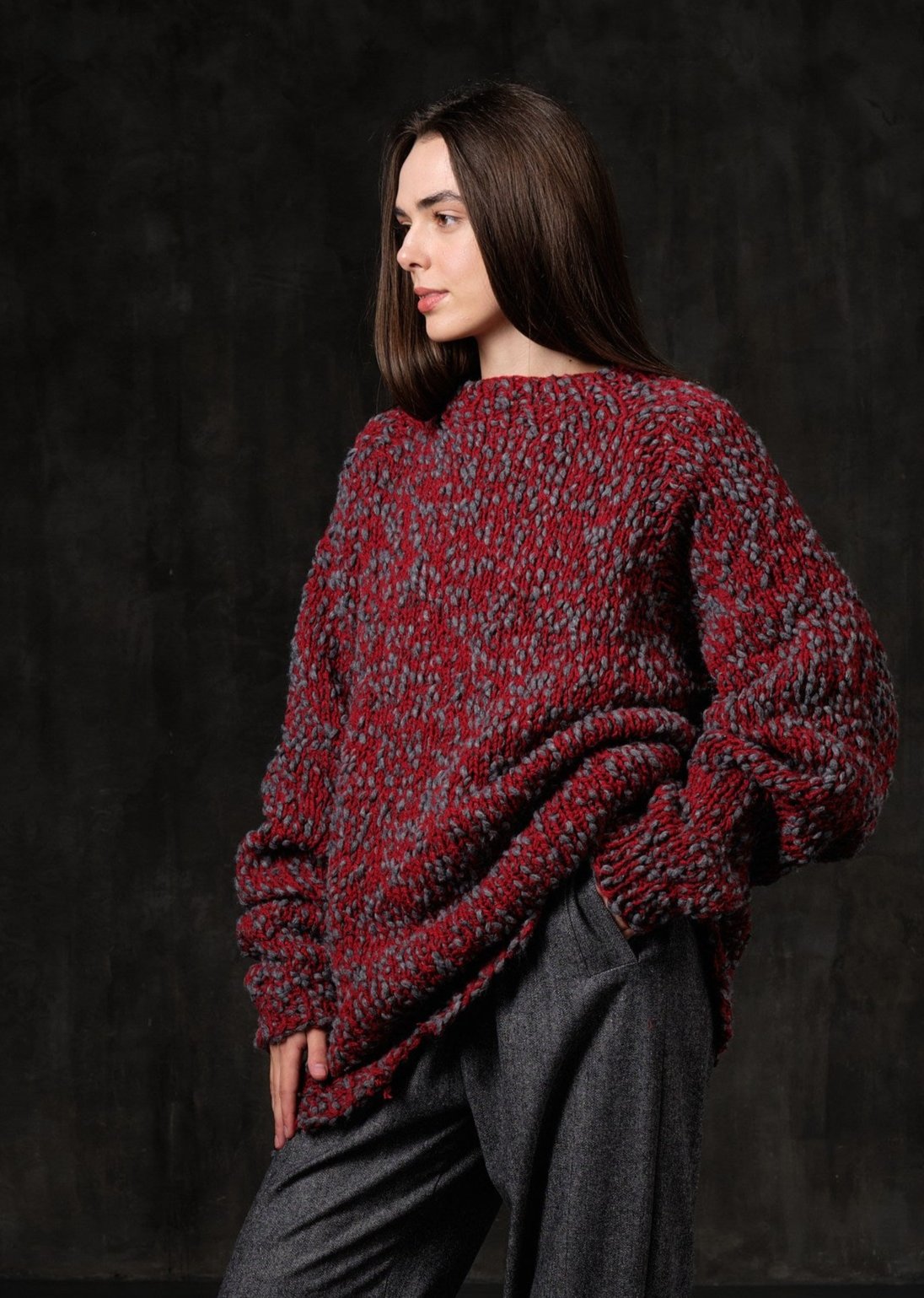 Sweater Retro long woolen red bouclé