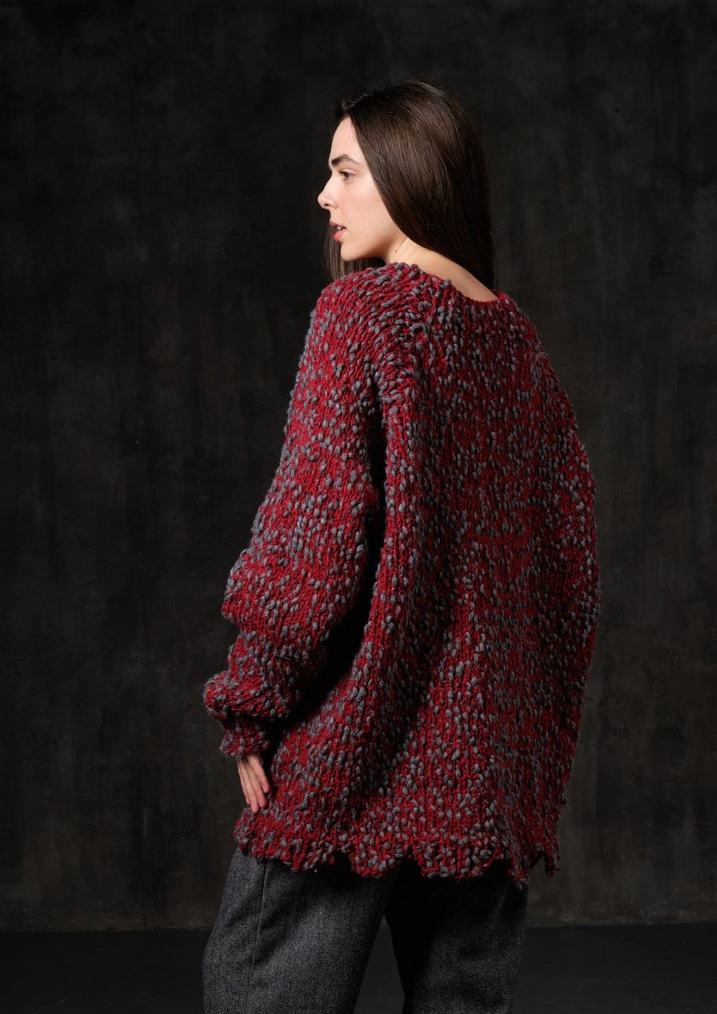 Sweater Retro long woolen red bouclé