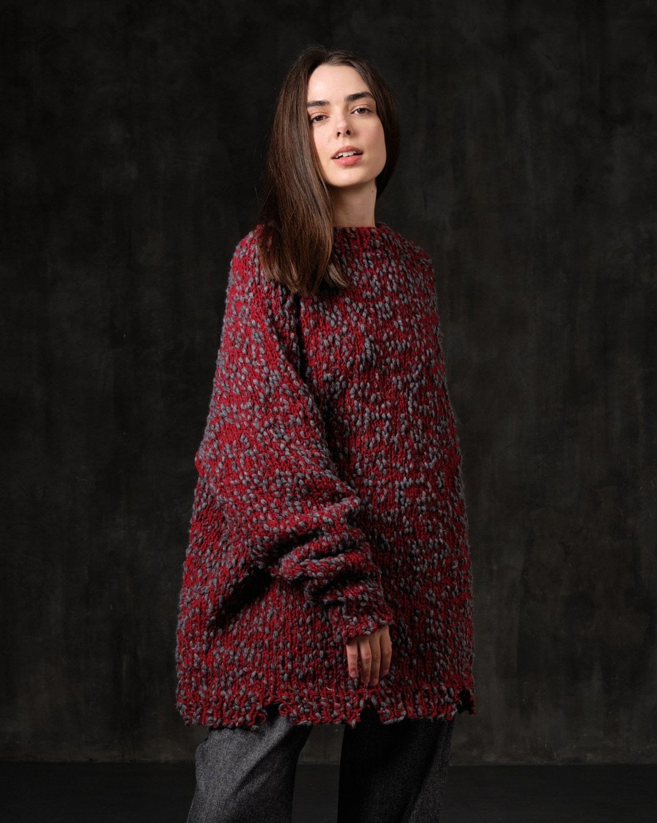 Sweater Retro long woolen red bouclé
