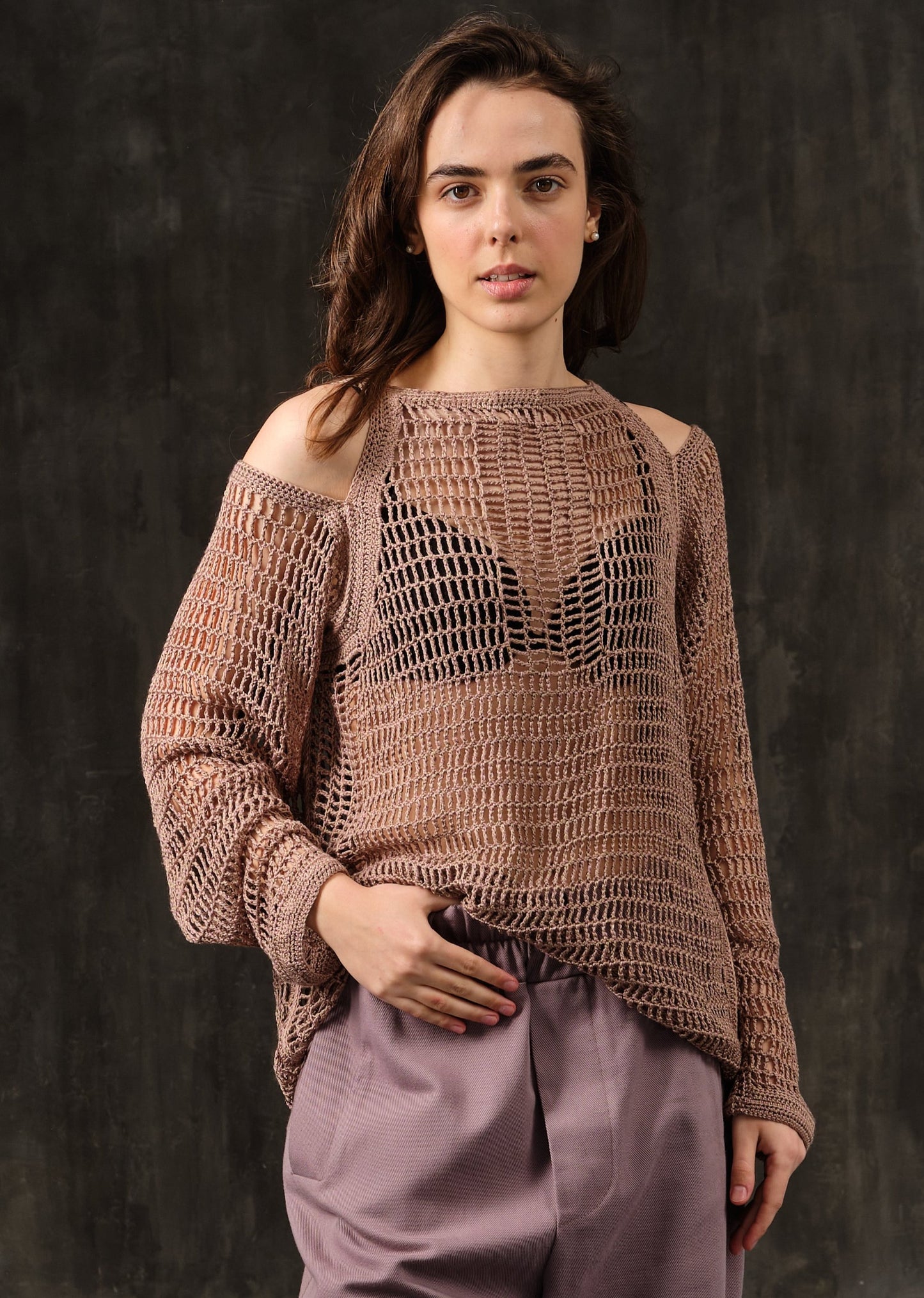Beige mesh sweater with open shoulders