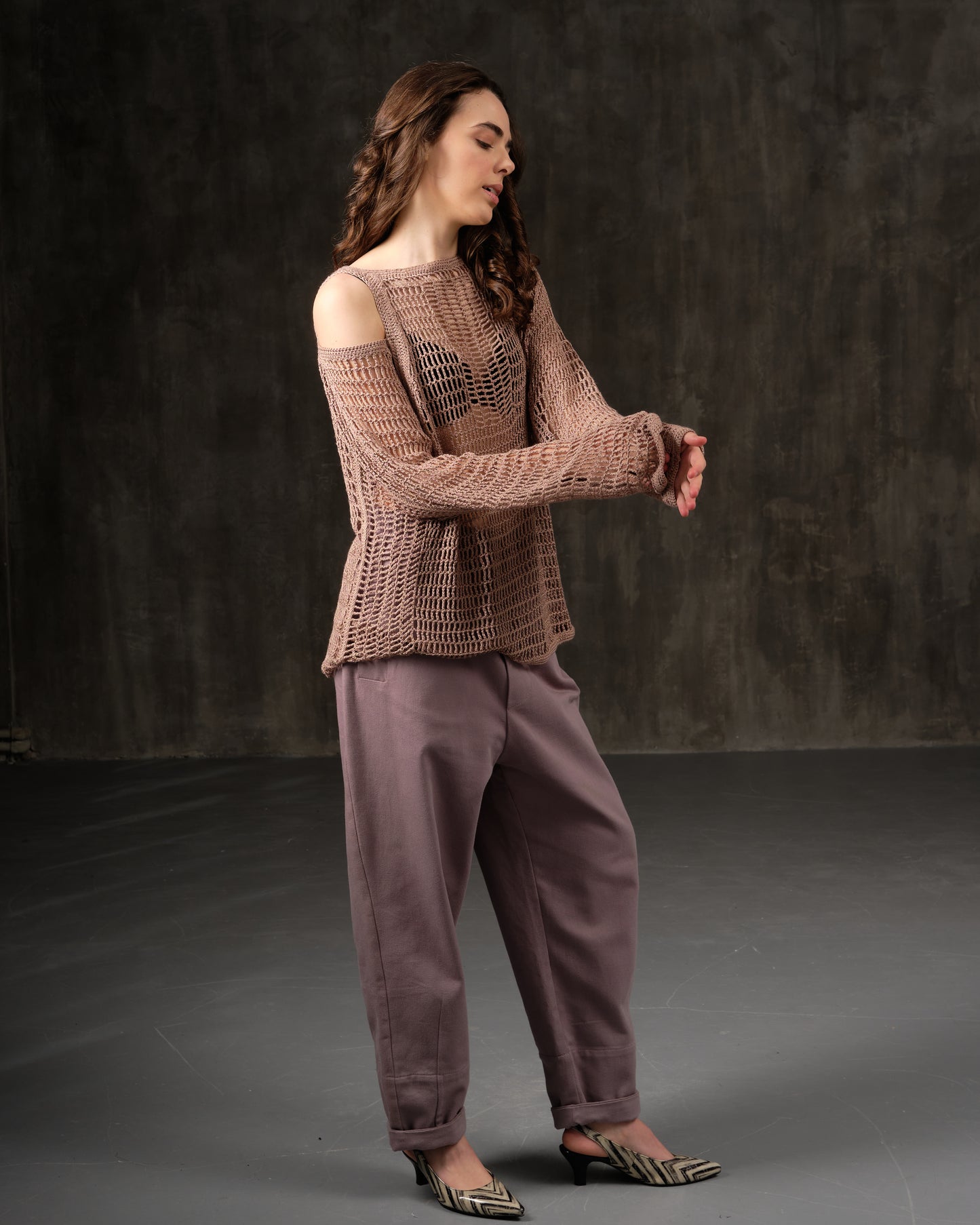 Beige mesh sweater with open shoulders
