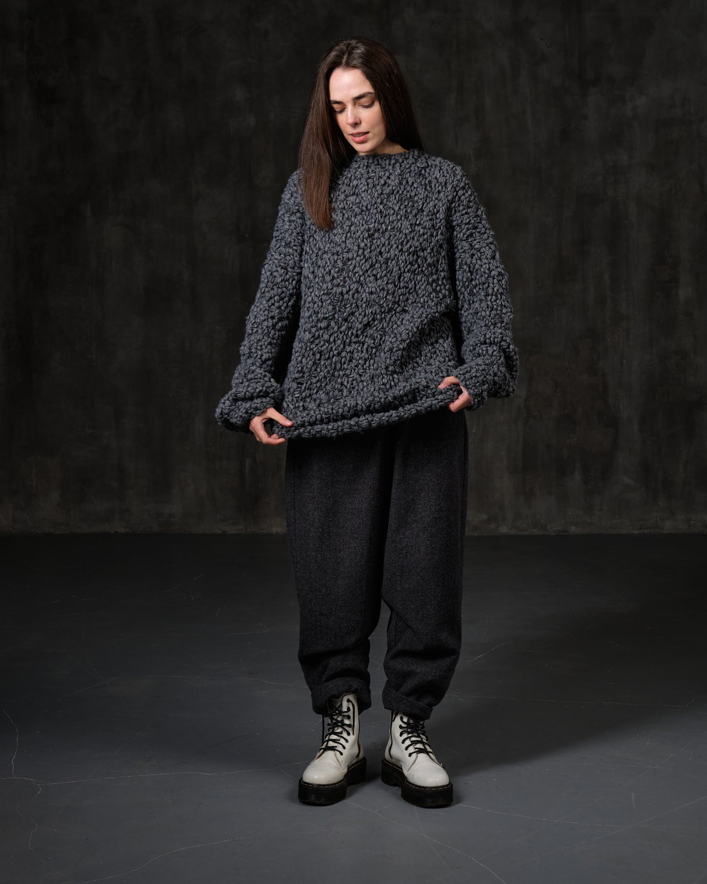 Sweater Retro long woolen red bouclé