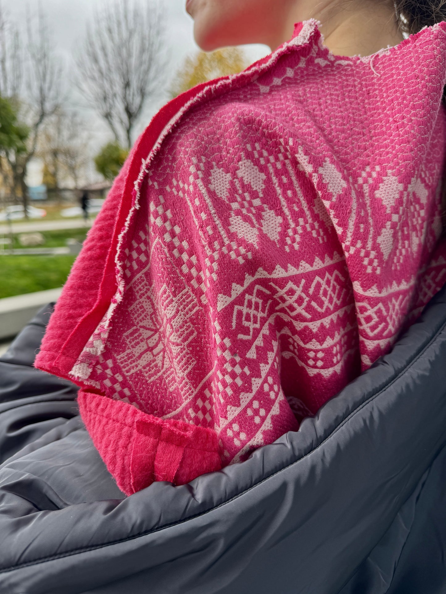 Pink wool sweater, open shoulders, vintage Ukrainian jacquard with ornament