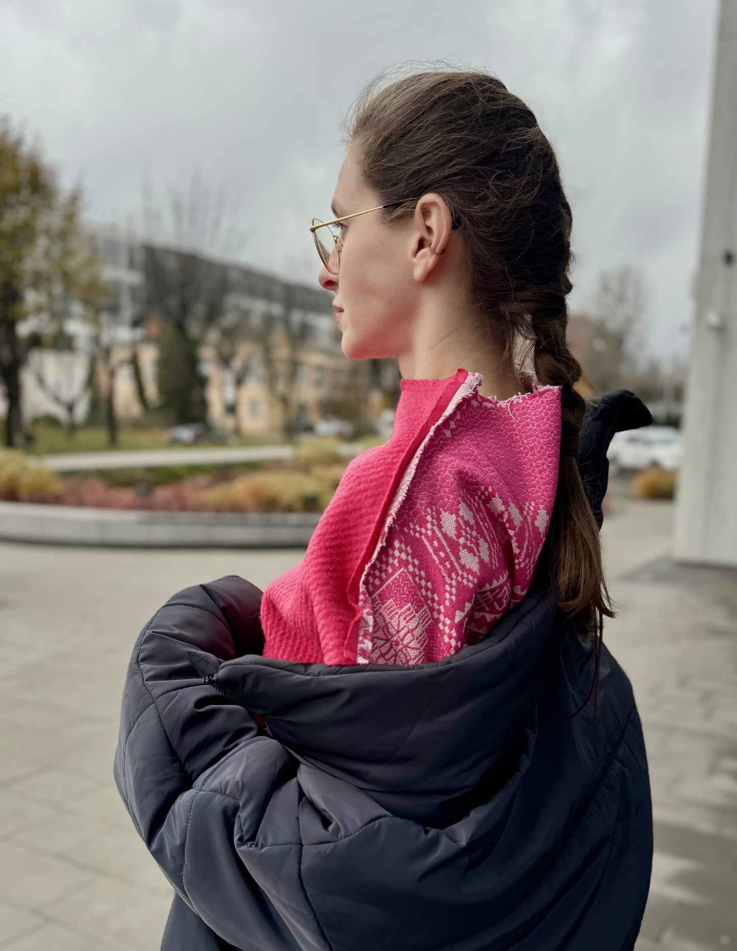 Pink wool sweater, open shoulders, vintage Ukrainian jacquard with ornament