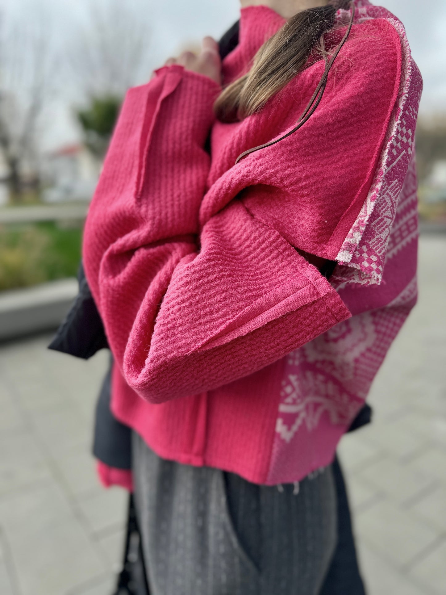 Pink wool sweater, open shoulders, vintage Ukrainian jacquard with ornament
