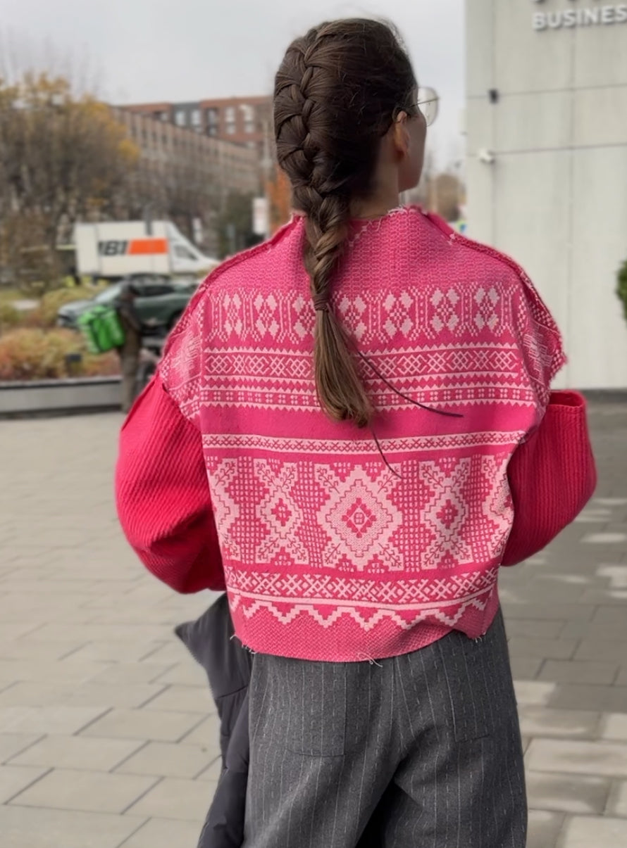 Pink wool sweater, open shoulders, vintage Ukrainian jacquard with ornament