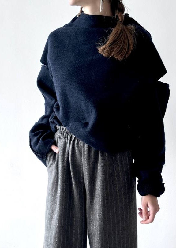 Blue wool sweater, open shoulders, with rose jacquard
