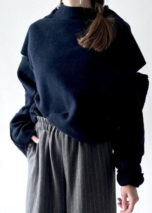 Blue wool sweater, open shoulders, with rose jacquard