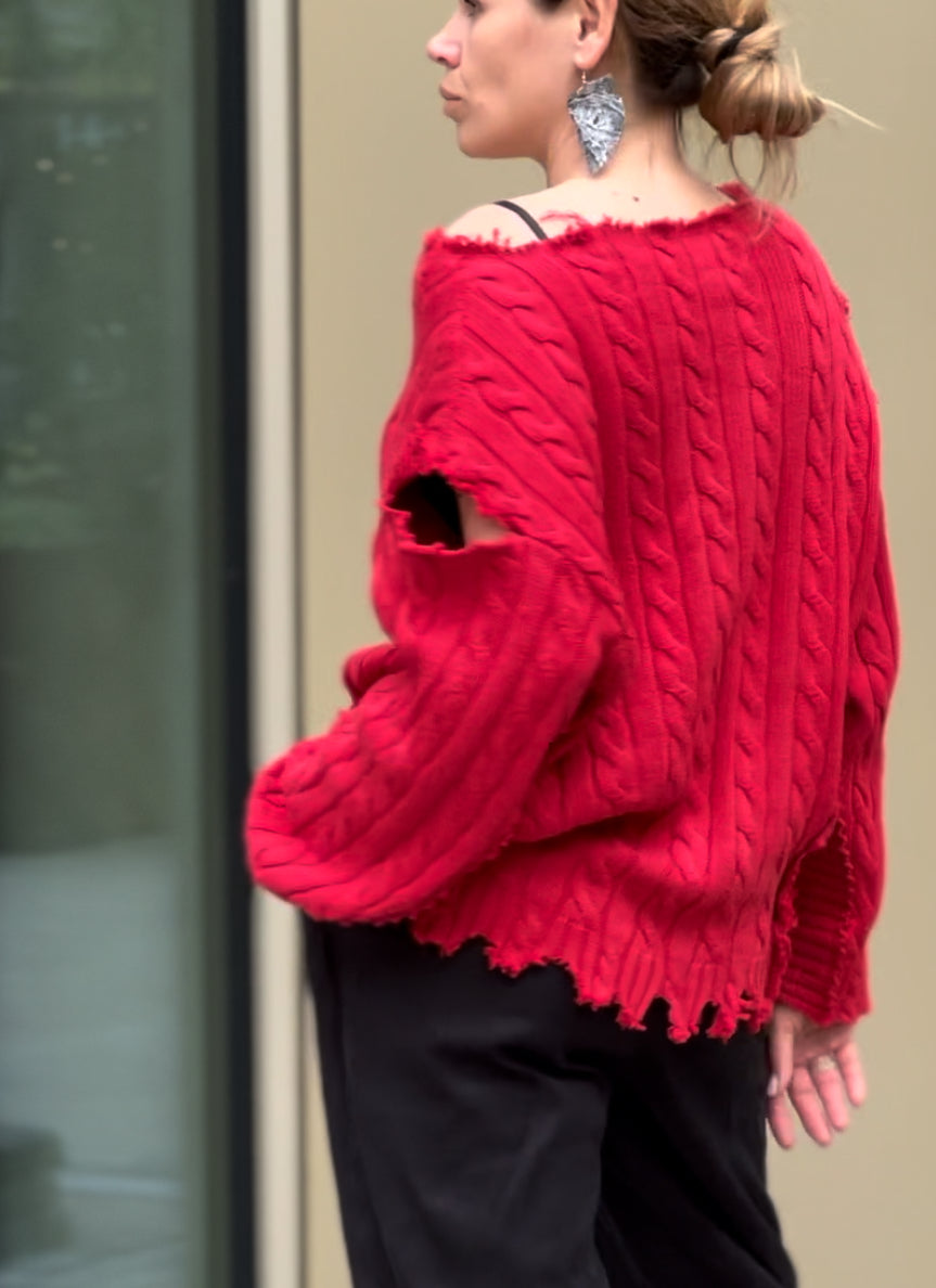 Reworked black cotton sweater with denim sleeves