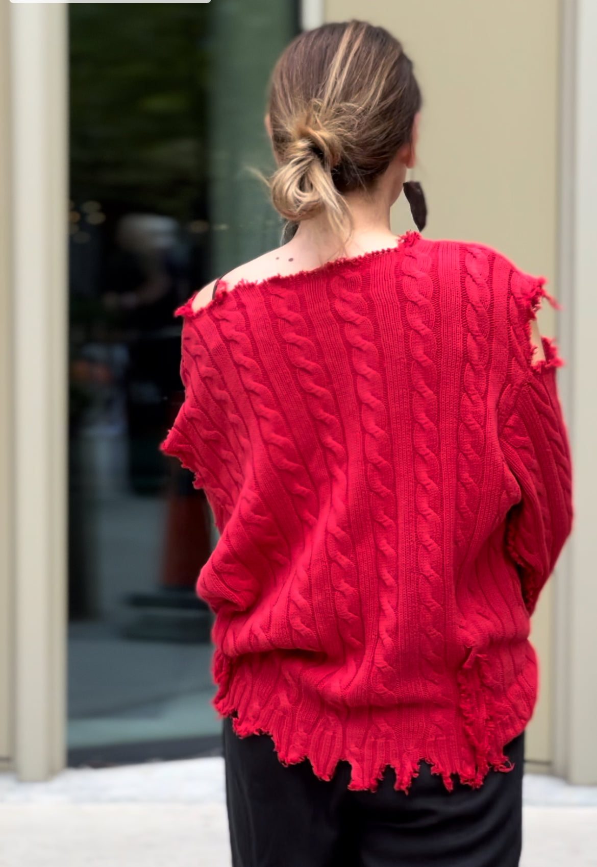Reworked black cotton sweater with denim sleeves