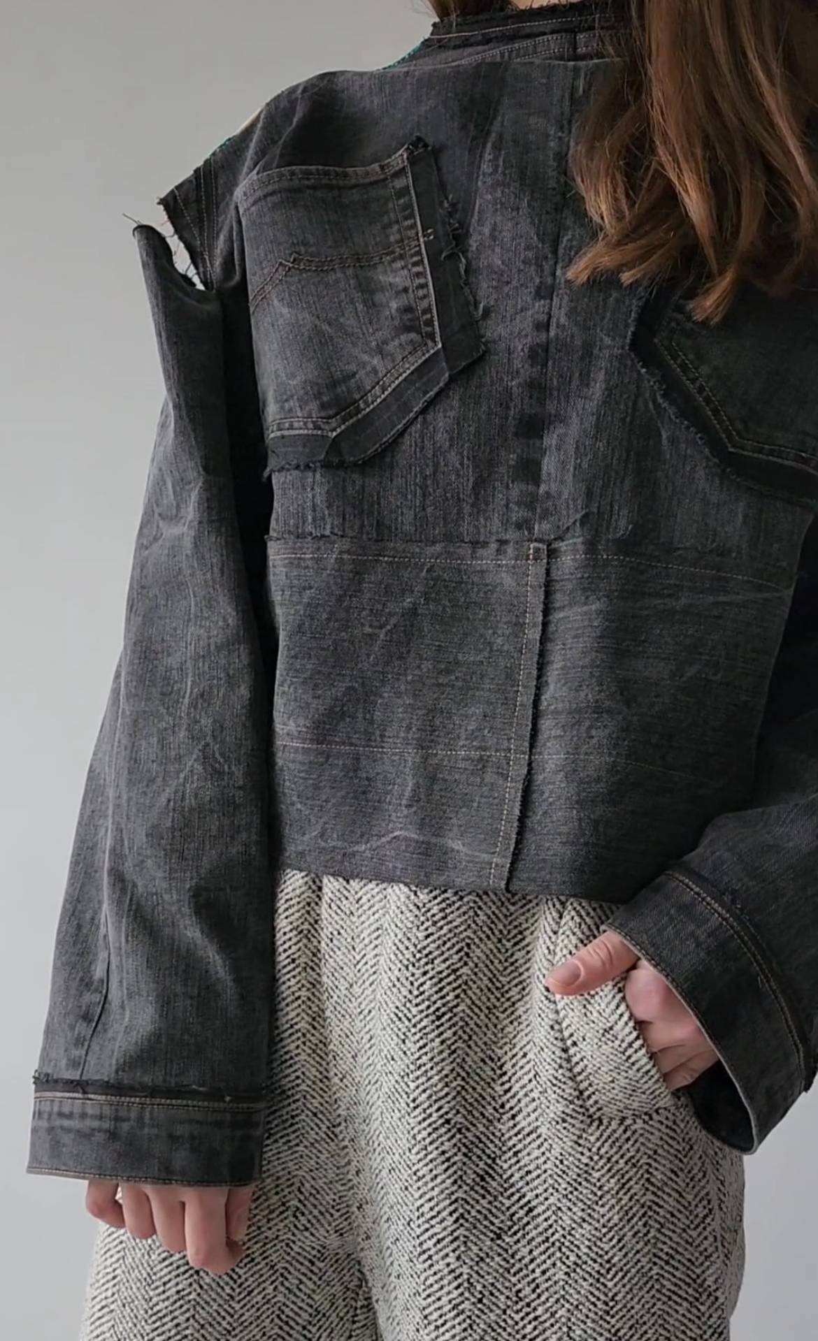 Shirt reworked light gray denim with red vintage jacquard