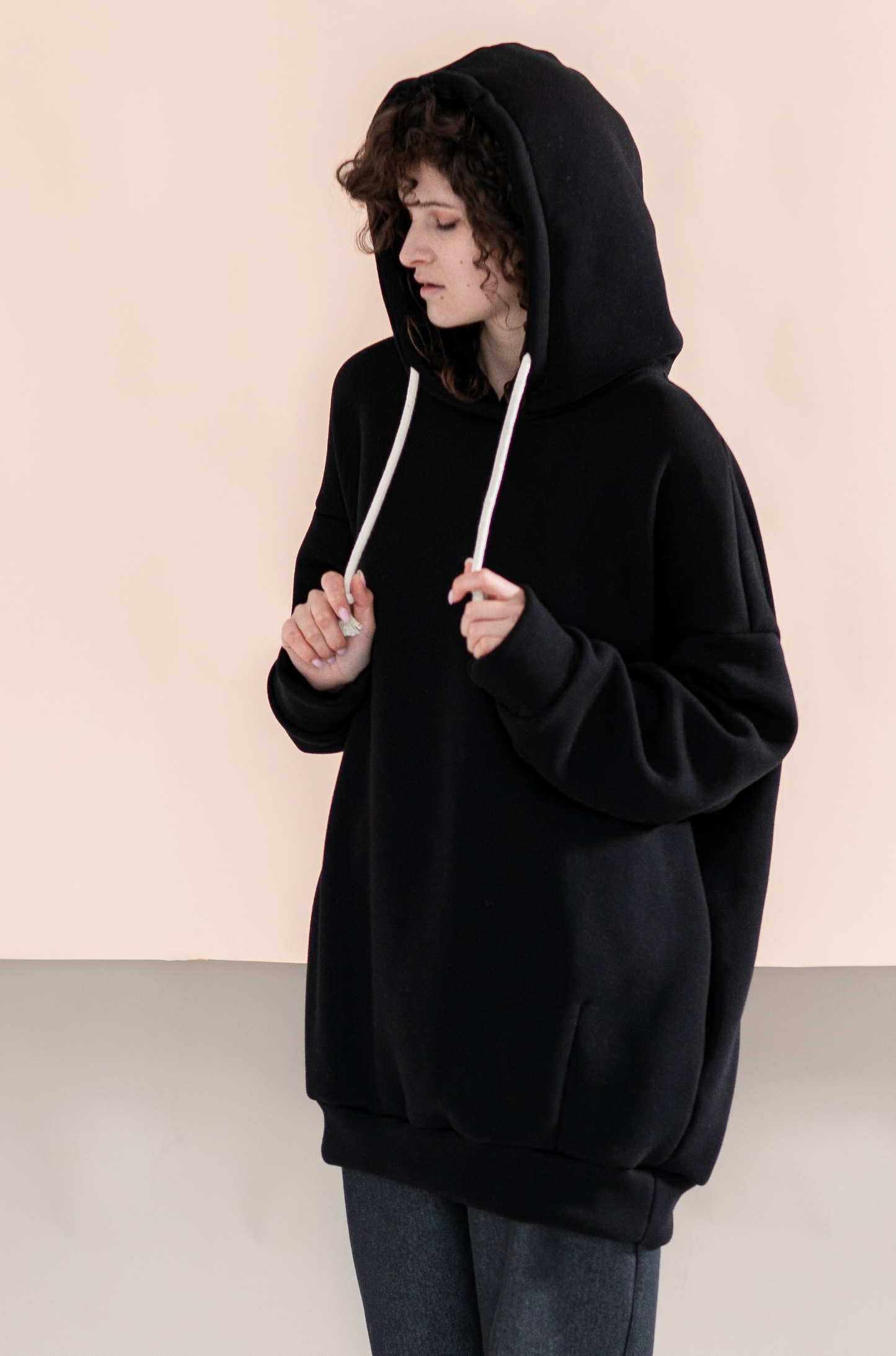 Black oversize hoodie with ethnic decoration