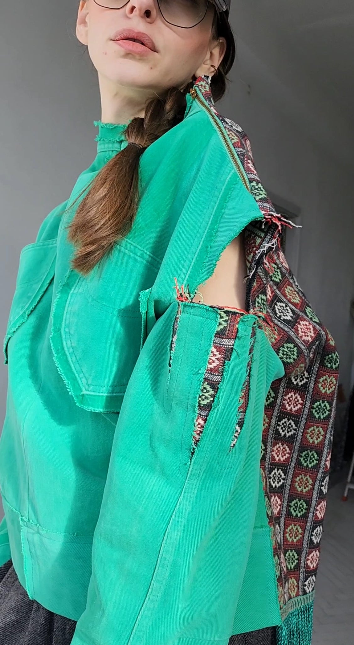 Green recycled denim shirt with vintage jacquard