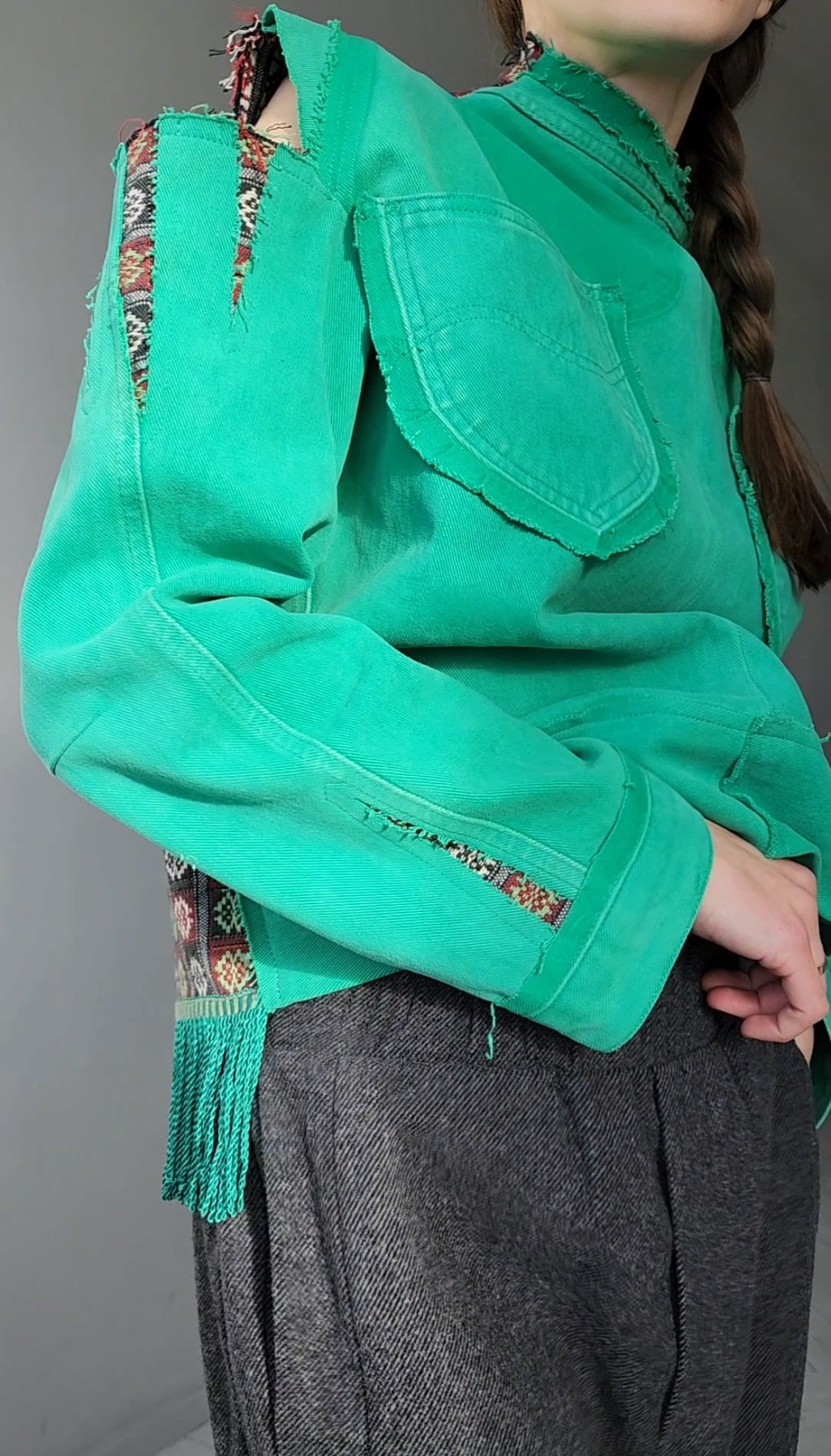 Green recycled denim shirt with vintage jacquard