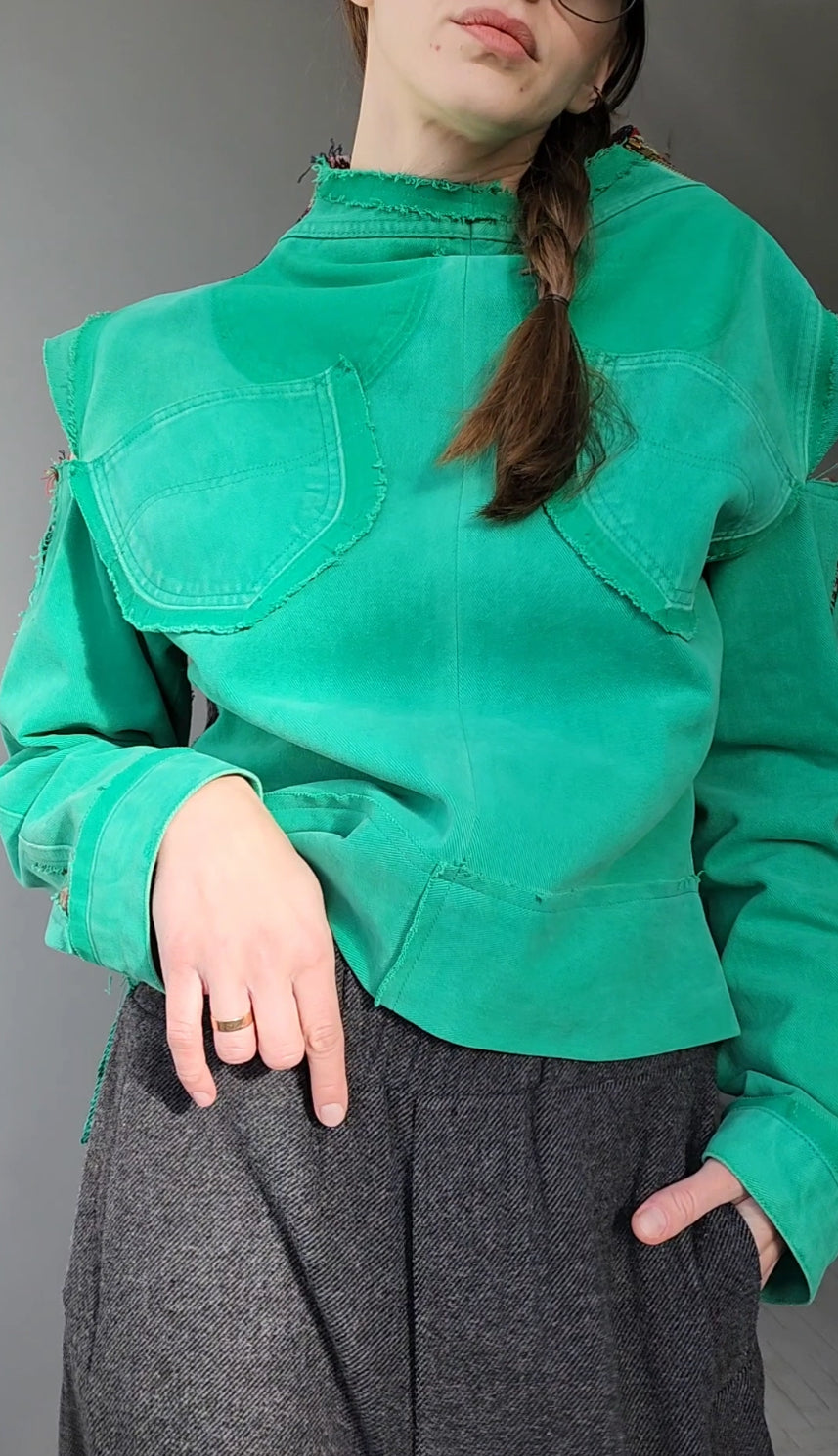 Green recycled denim shirt with vintage jacquard