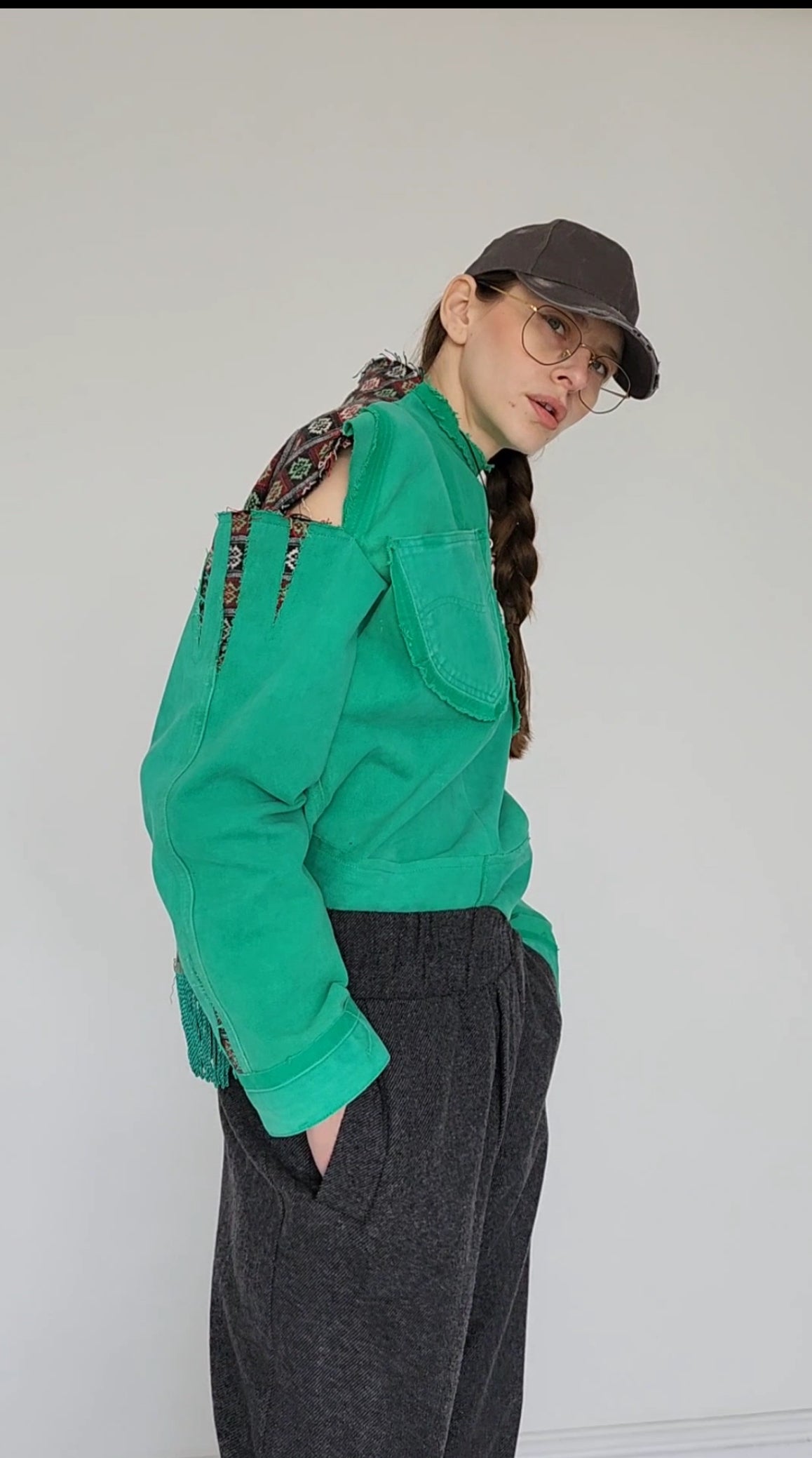 Green recycled denim shirt with vintage jacquard