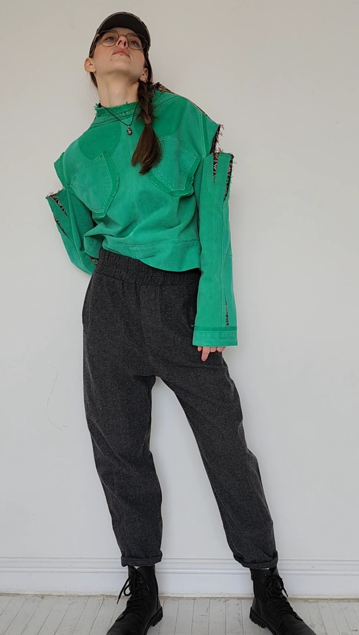 Green recycled denim shirt with vintage jacquard