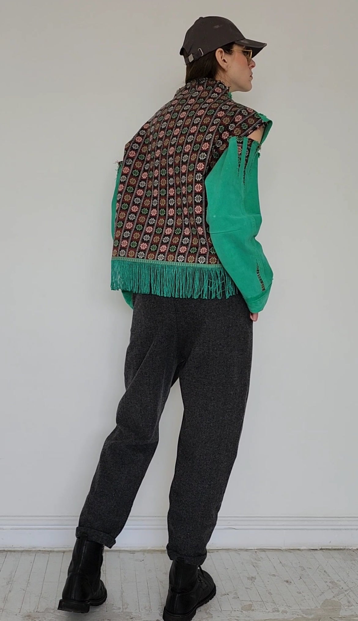 Green recycled denim shirt with vintage jacquard