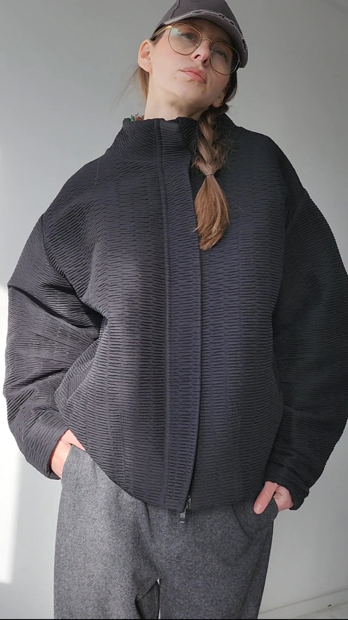 Black Basic Textured Oversize Bomber Jacket
