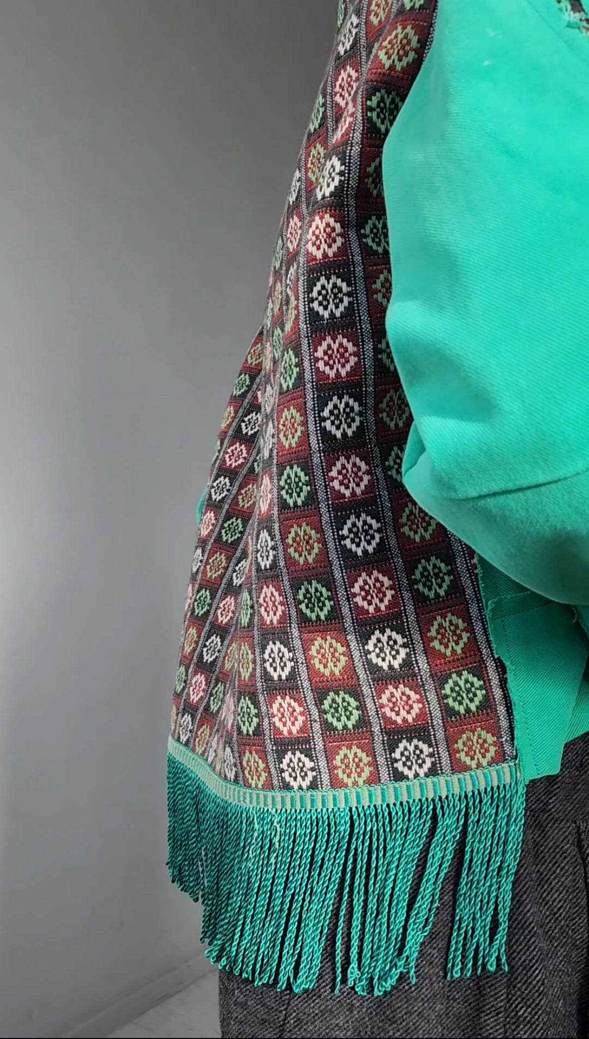 Green recycled denim shirt with vintage jacquard