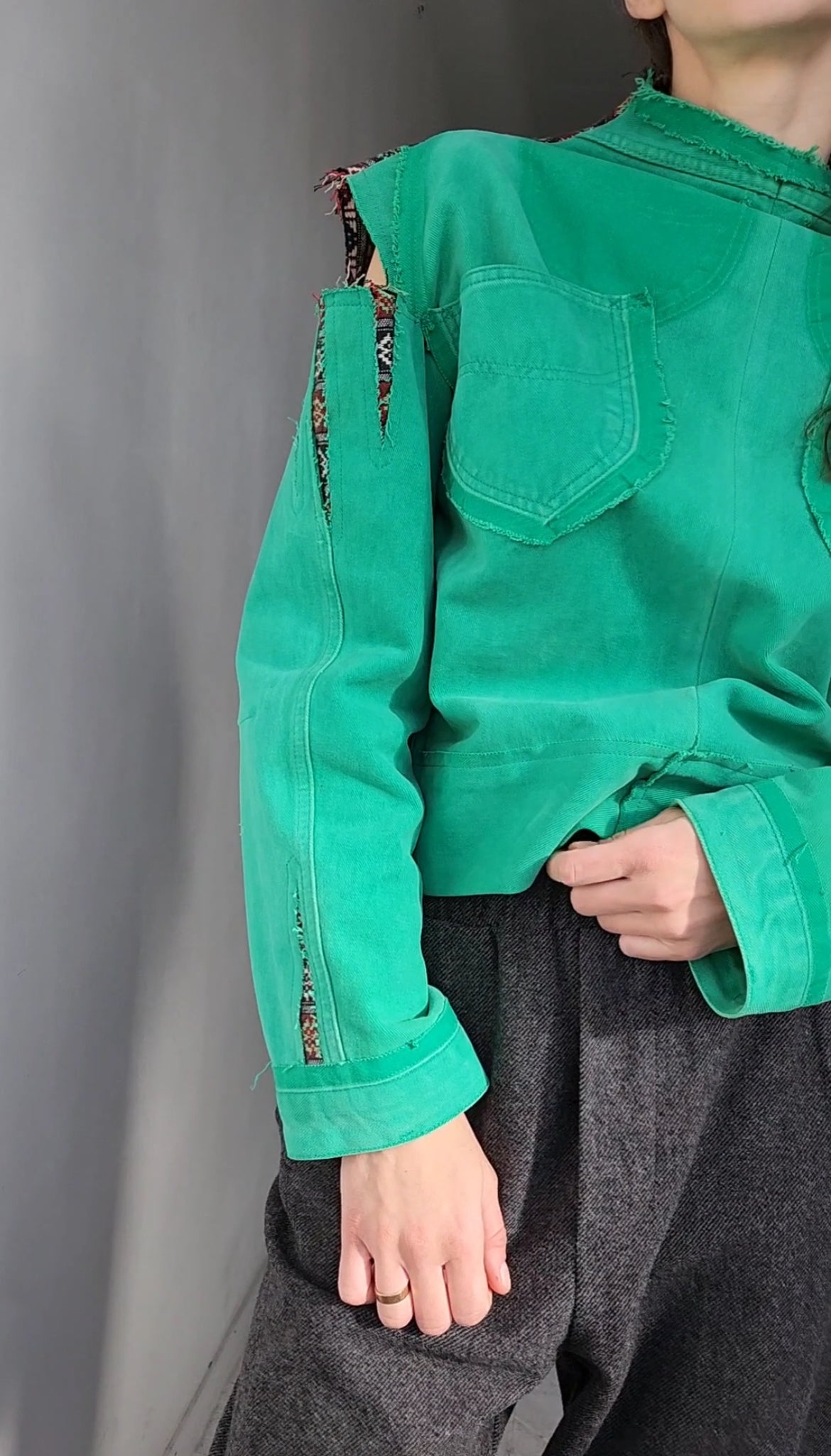 Green recycled denim shirt with vintage jacquard