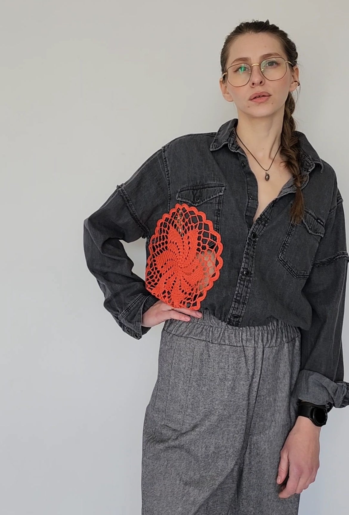 Recycled jeans shirt with knitted fragments