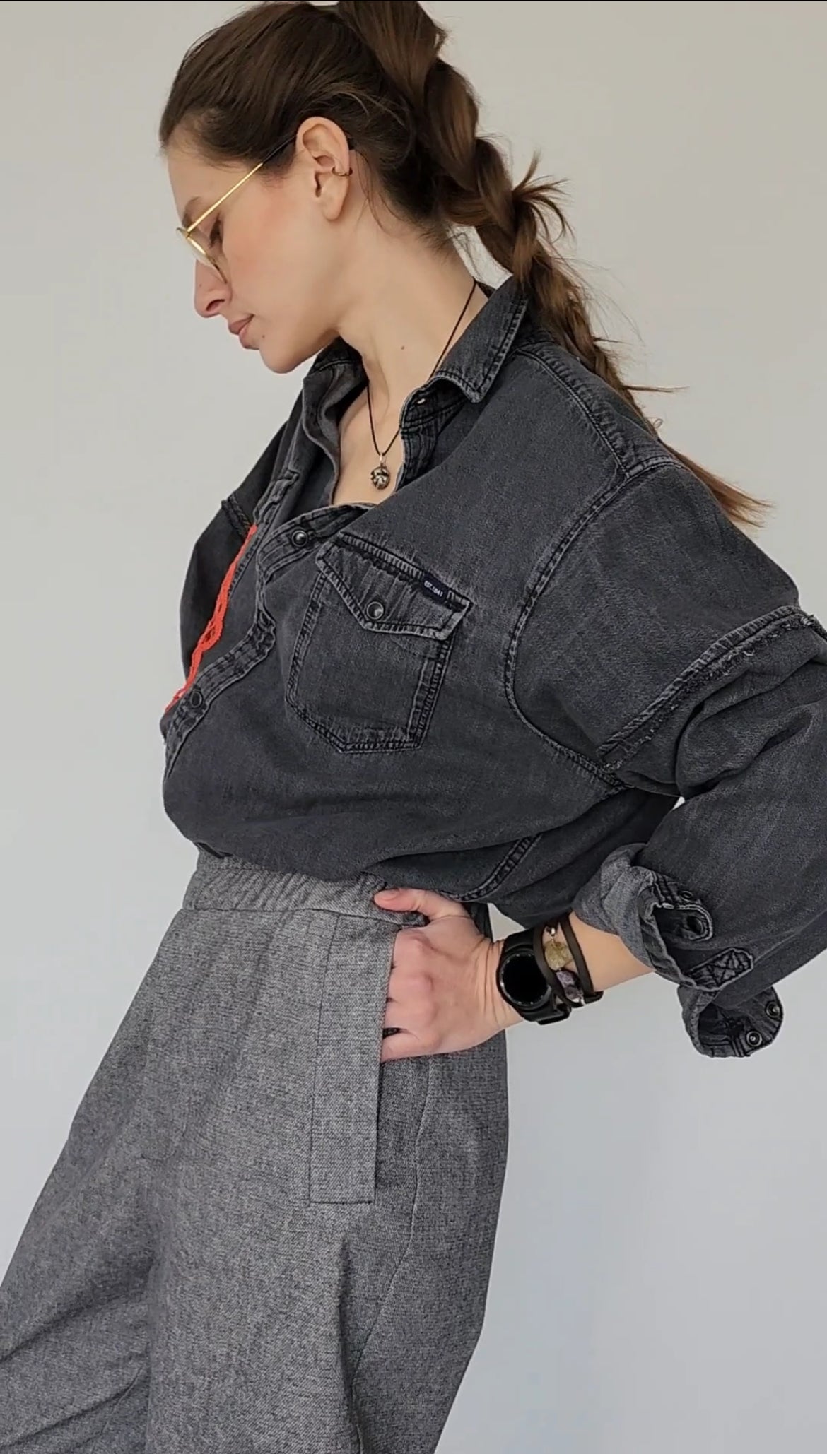 Recycled jeans shirt with knitted fragments