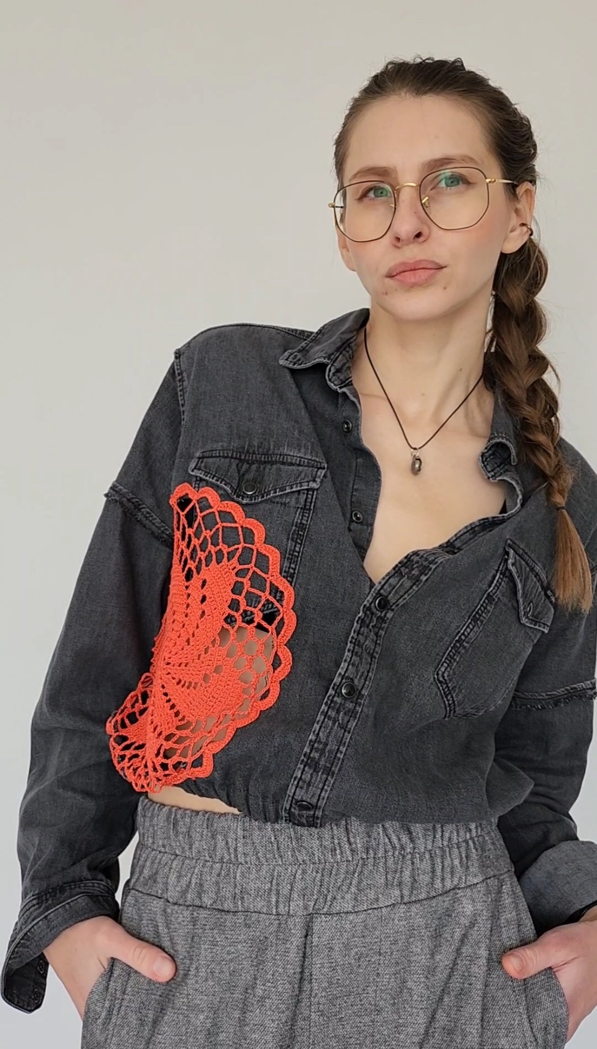 Recycled jeans shirt with knitted fragments