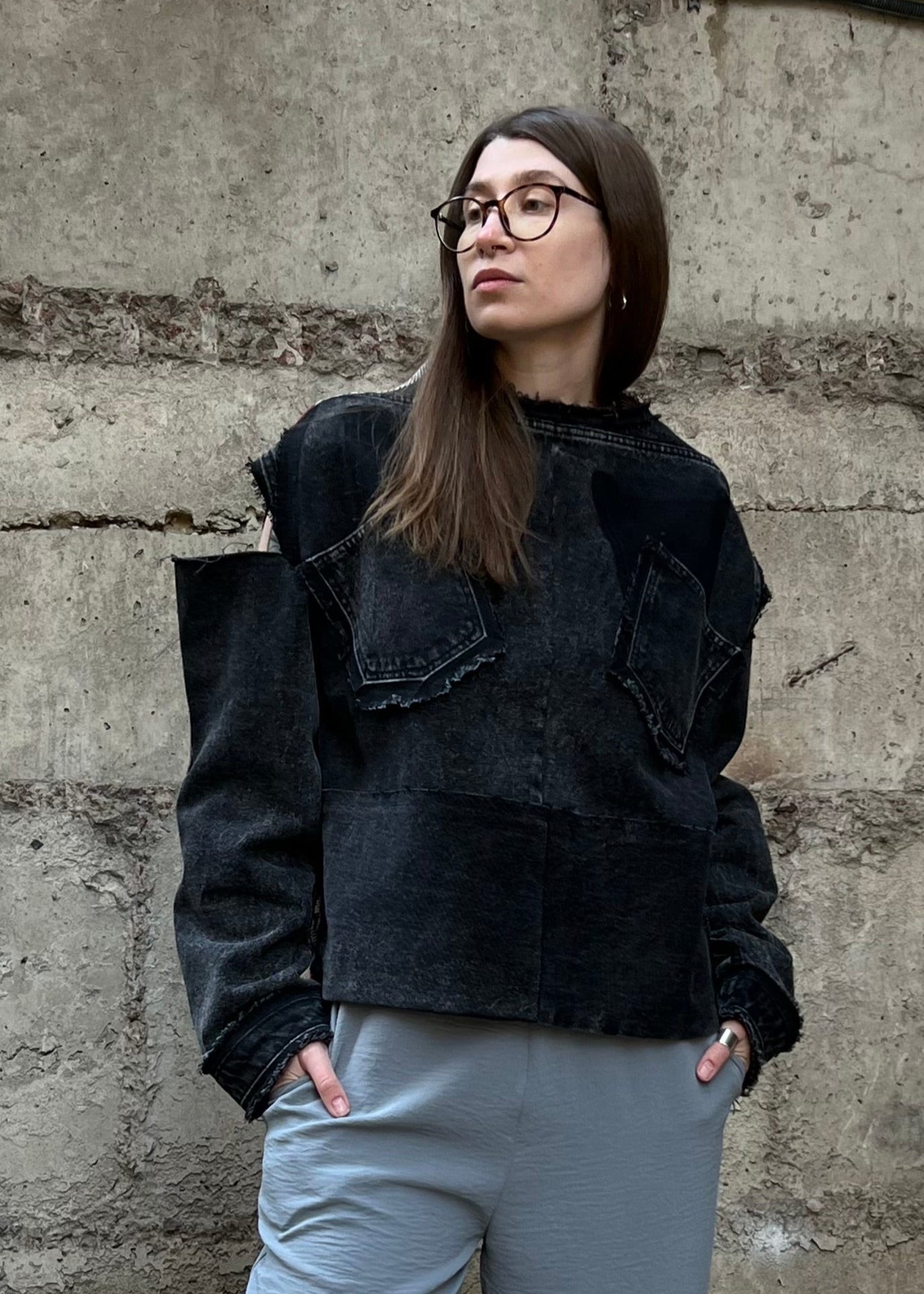 Shirt reworked light gray denim with red vintage jacquard