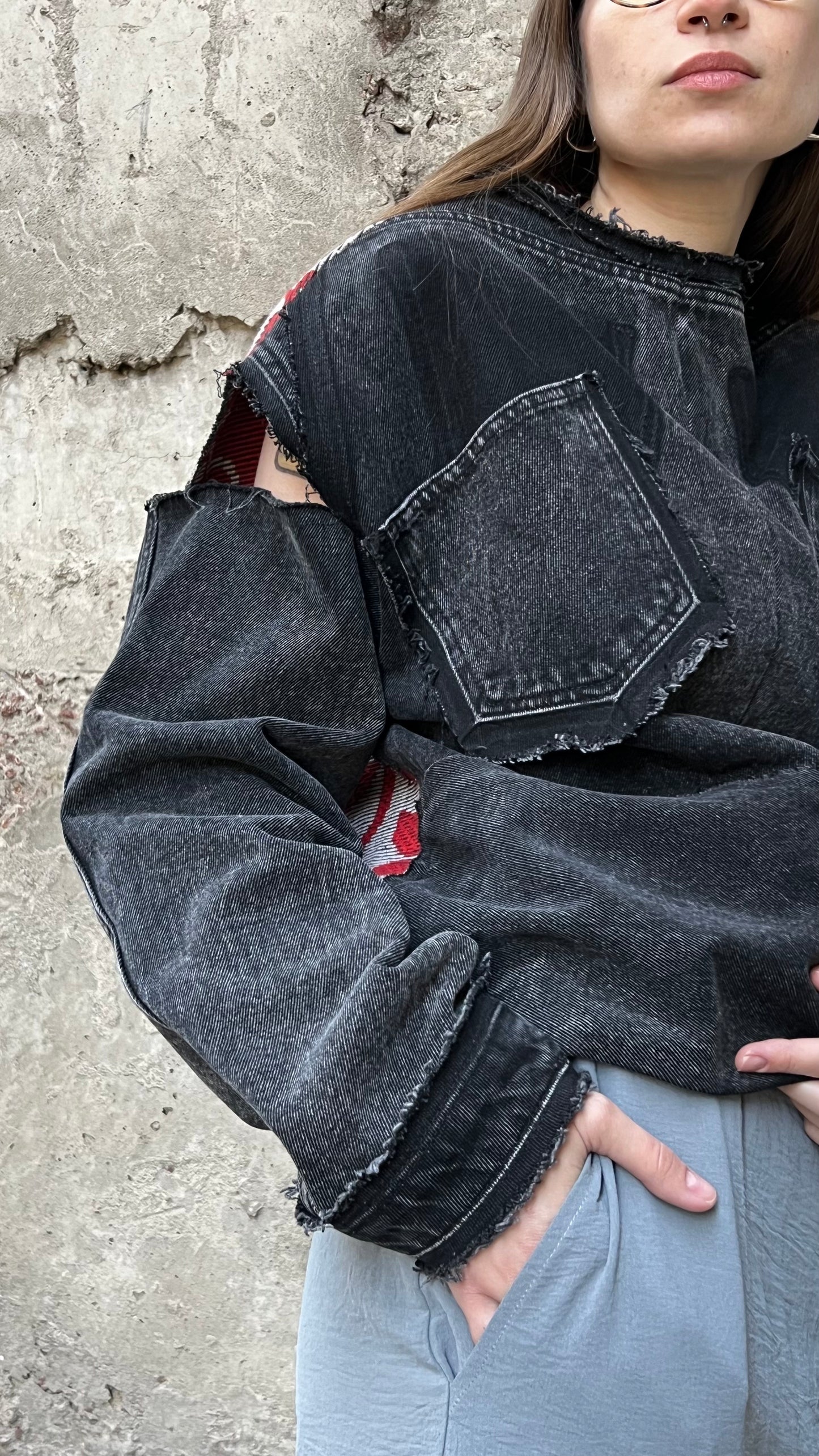 Shirt reworked light gray denim with red vintage jacquard