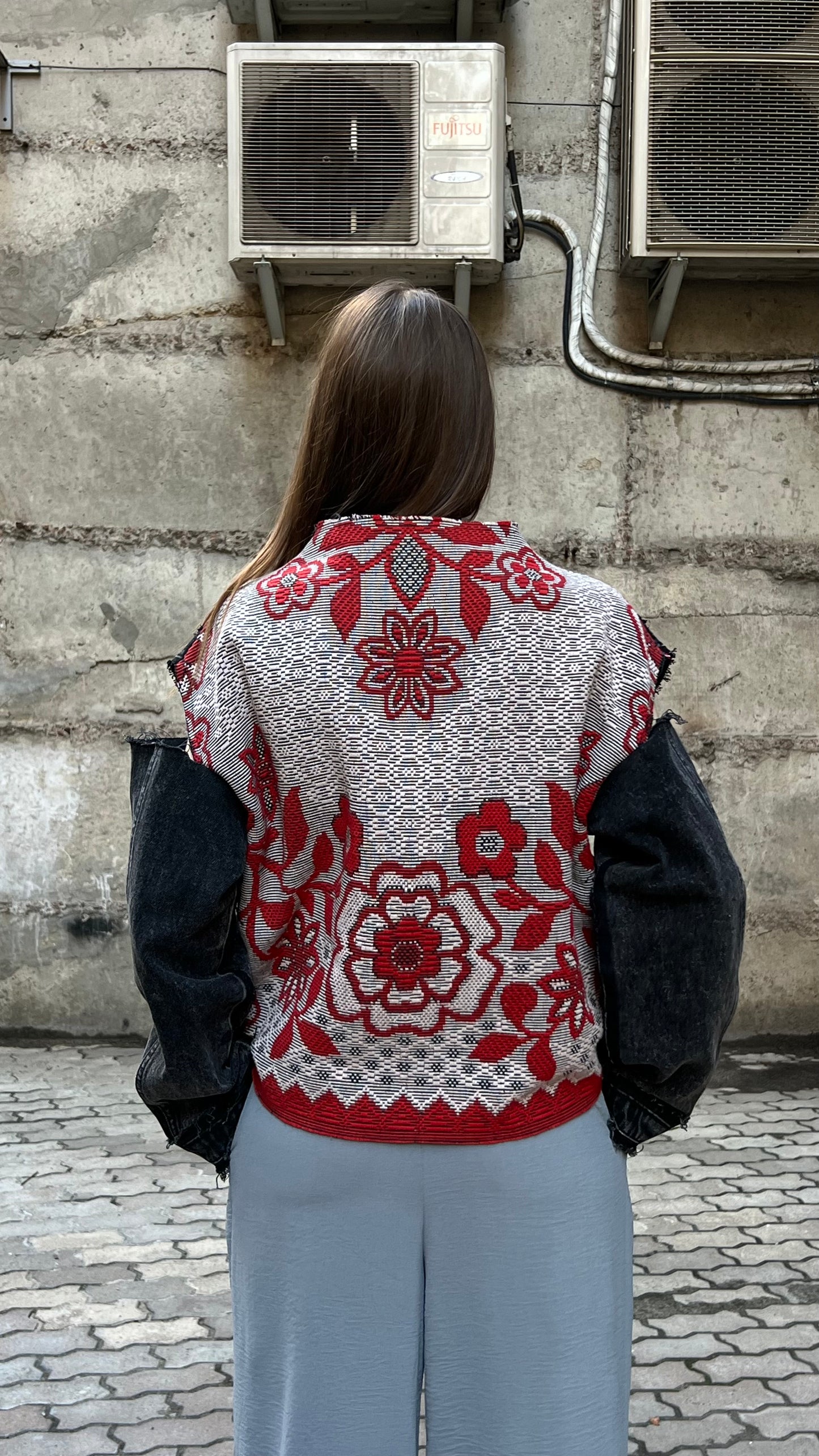 Shirt reworked light gray denim with red vintage jacquard