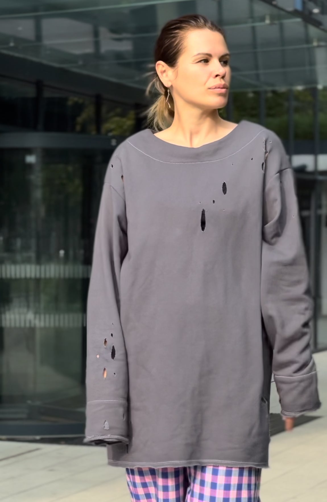 Hand-dyed graphite sweatshirt with perforations