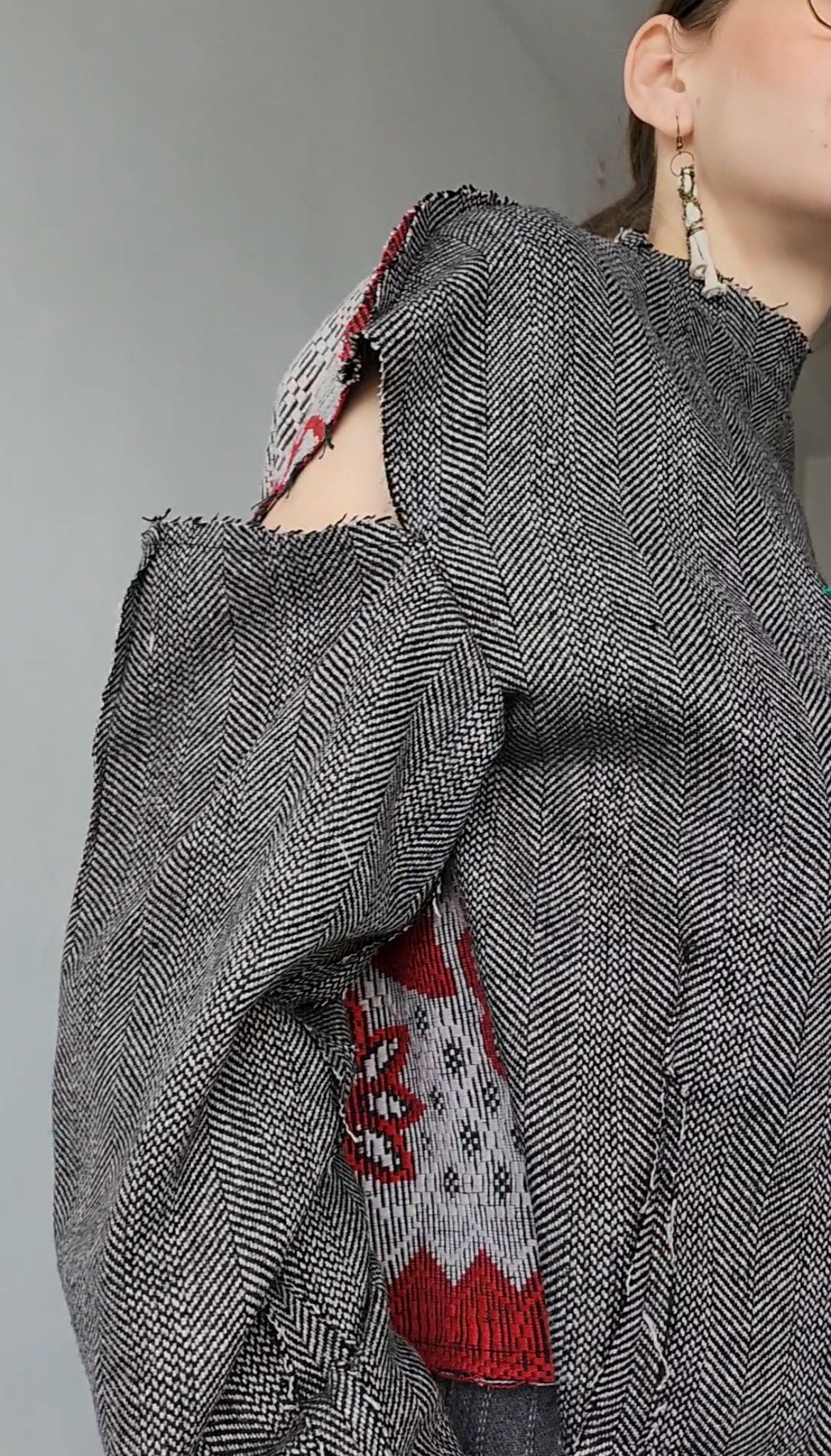 Herringbone wool tweed blouse with vintage floral jacquard on the back