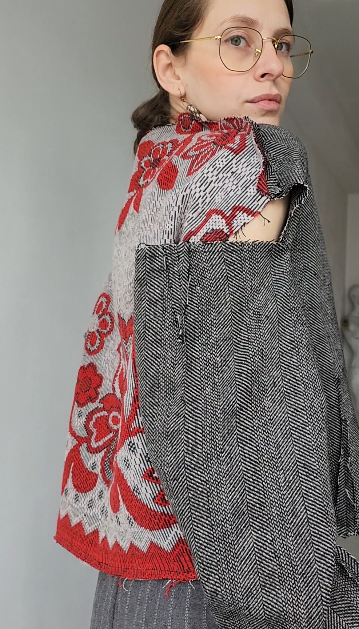 Herringbone wool tweed blouse with vintage floral jacquard on the back