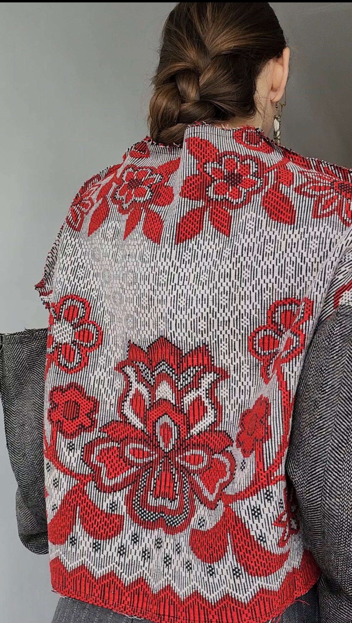 Herringbone wool tweed blouse with vintage floral jacquard on the back