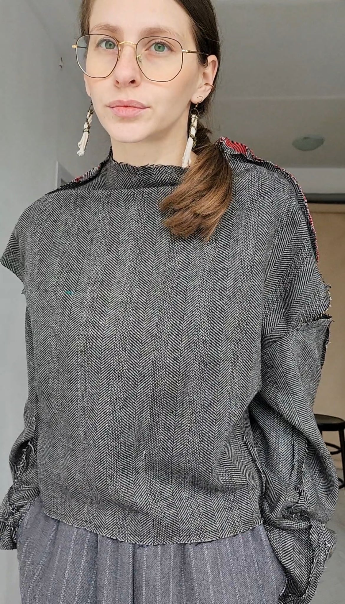 Herringbone wool tweed blouse with vintage floral jacquard on the back